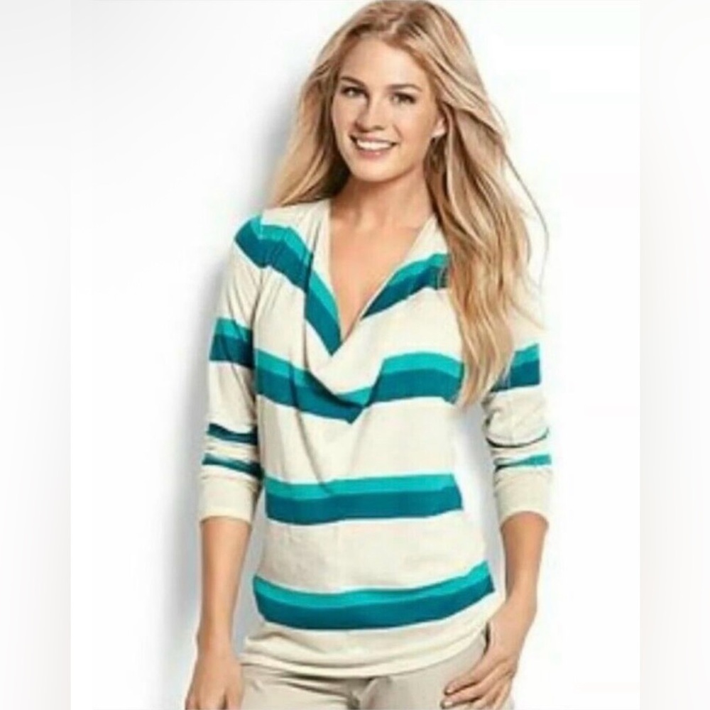 NWT Tommy Bahama Striped Teal and Cream Long Sleeve Top
